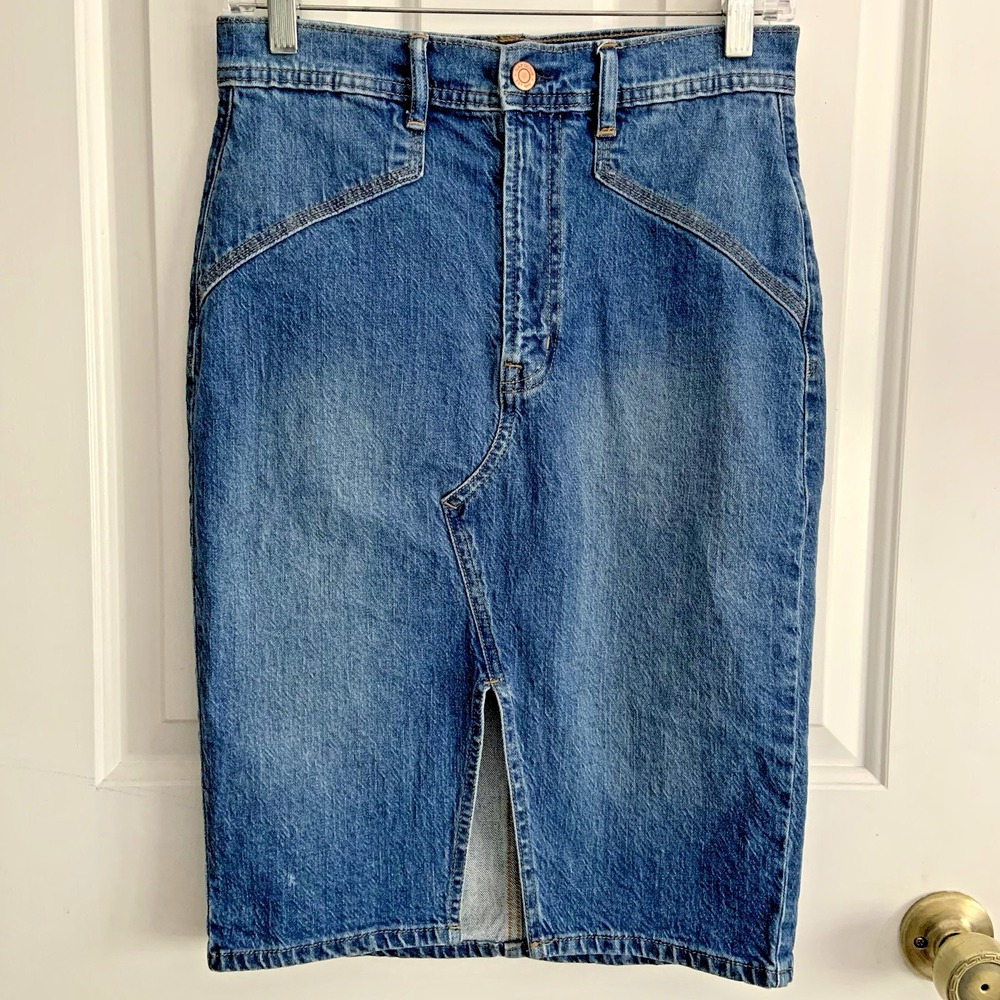 GAP Knee Length Denim Jean Skirt Split Front tie 4 / 27 back pockets